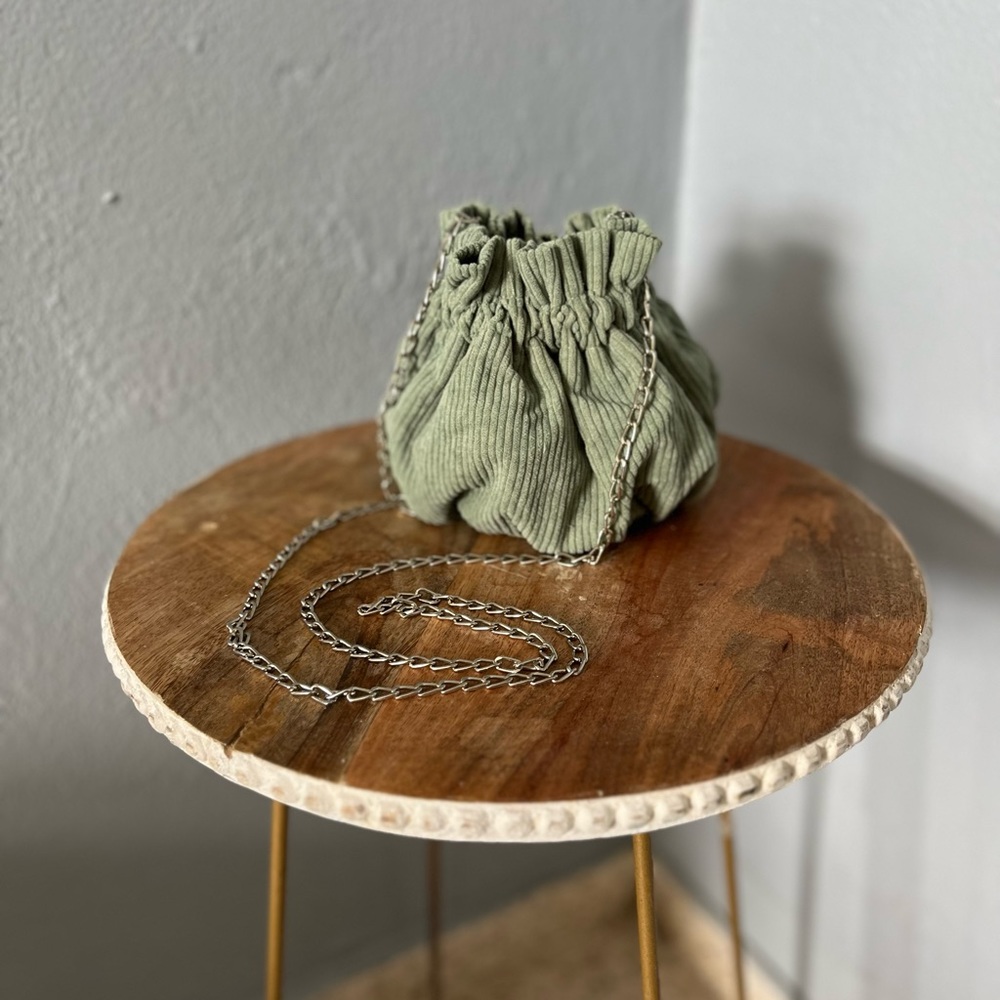 NWOT Sage Green Mini Bucket Bag with Silver Chain Strap.
